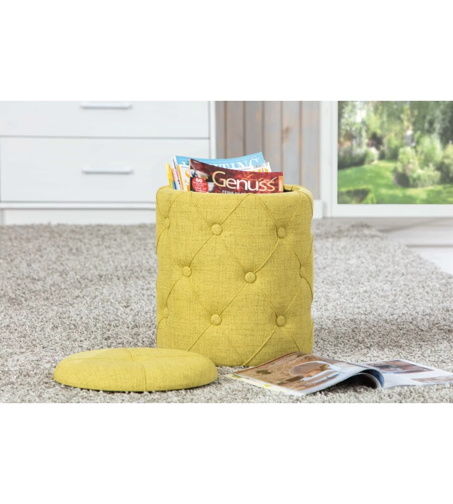 POUFF CONTENITORE IN TESSUTO GIALLO CHIARO TRAPUNTATO, 34X34X40 CM